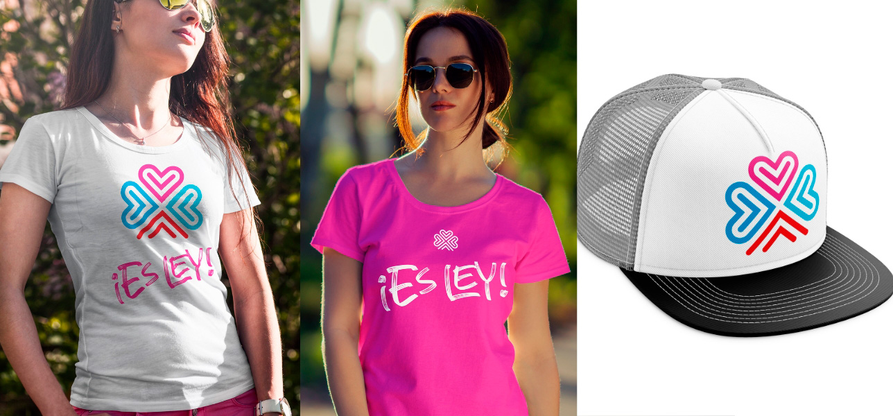 Visualizaciones de camisetas y gorra con el símbolo y el mensaje ¡Es Ley!