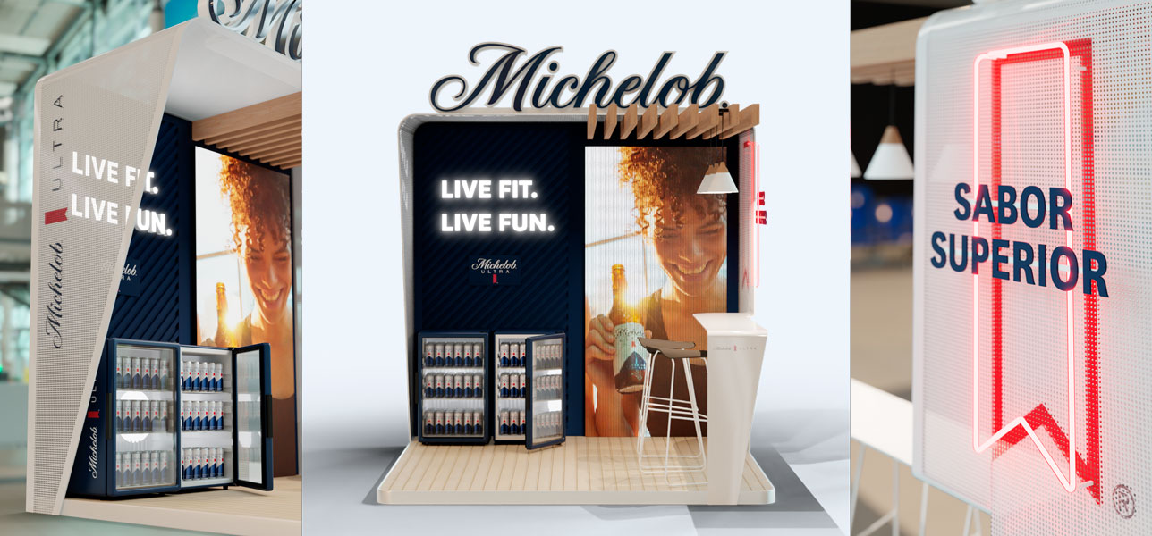 Tres vistas de la propuesta de stand Michelob con refrigeradores, paneles gráficos y cubierta de listones.